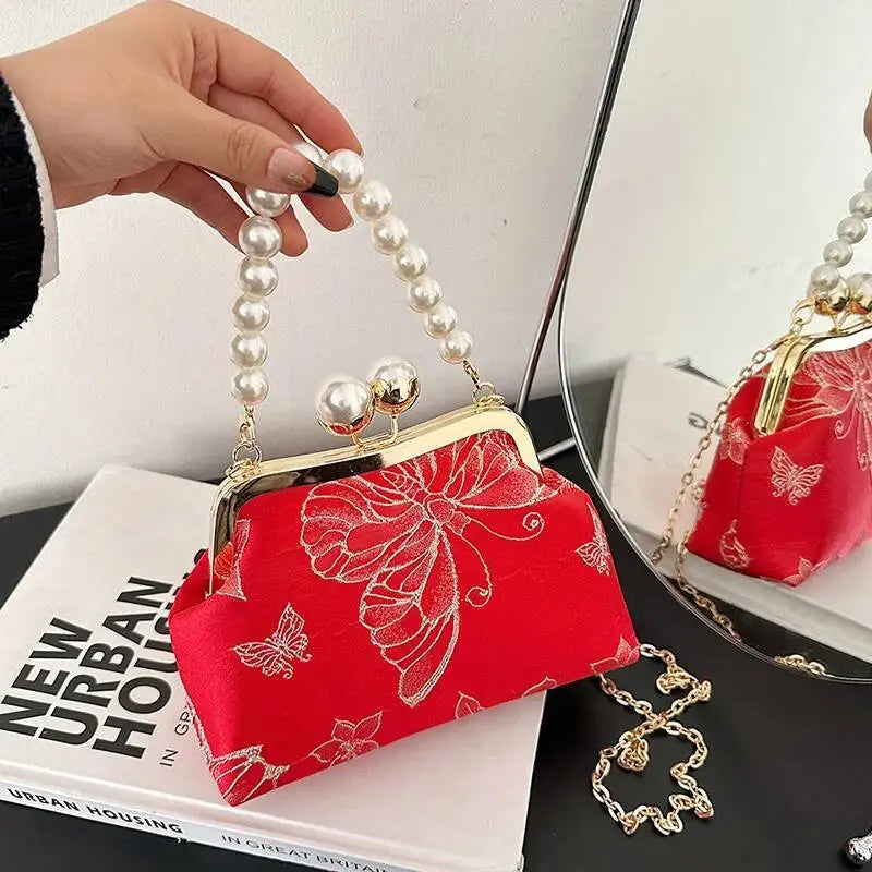Bolso de mano bordado de estilo bohemio para mujer, bolsos de hombro con patrón floral, elegante bolso con correa de cadena y asa de metal, cartera de regalo