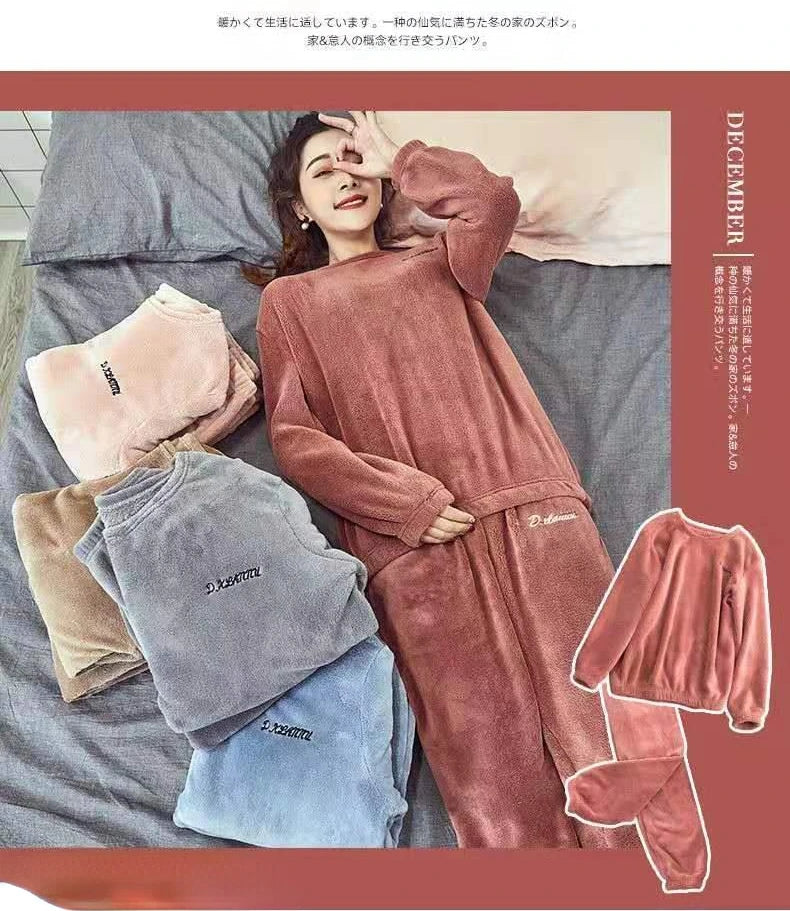 Pijamas de invierno de franela cálida para mujer, ropa de ocio gruesa, conjunto de pijamas lisos de manga larga de terciopelo Coral sencillo, 2025-26