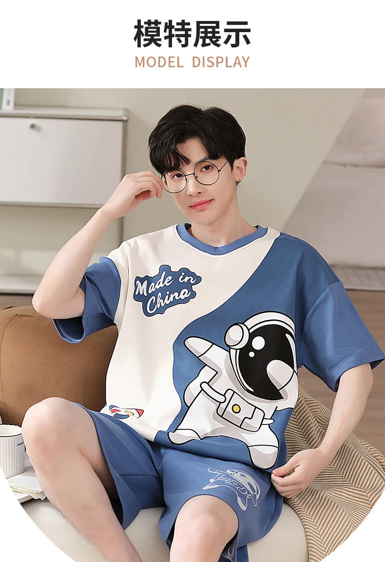 Pijamas para hombre y adolescente, pantalones cortos de algodón de manga corta con dibujos de astronauta, conjunto de ropa de descanso para estudiantes de secundaria, pijama para hombre, envío directo