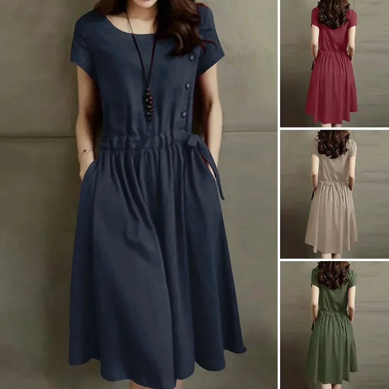 Vestidos Para Mujer de manga corta de longitud media cintura ajustada falda completa de moda Vestido de lino de algodón de Color sólido de verano Para Mujer