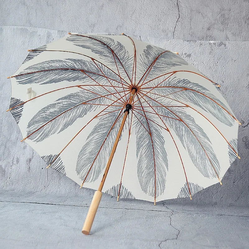 Paraguas Vintage de bambú con mango largo, paraguas manuales con arco de plumas blancas, mango de madera, artículos artísticos simples nórdicos para el hogar