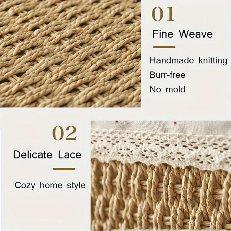 Cesta de almacenamiento de ratán hecha a mano, cesta de almacenamiento de escritorio de ratán con forro de encaje extraíble, adecuada para almacenamiento de cosméticos, 1 ud.