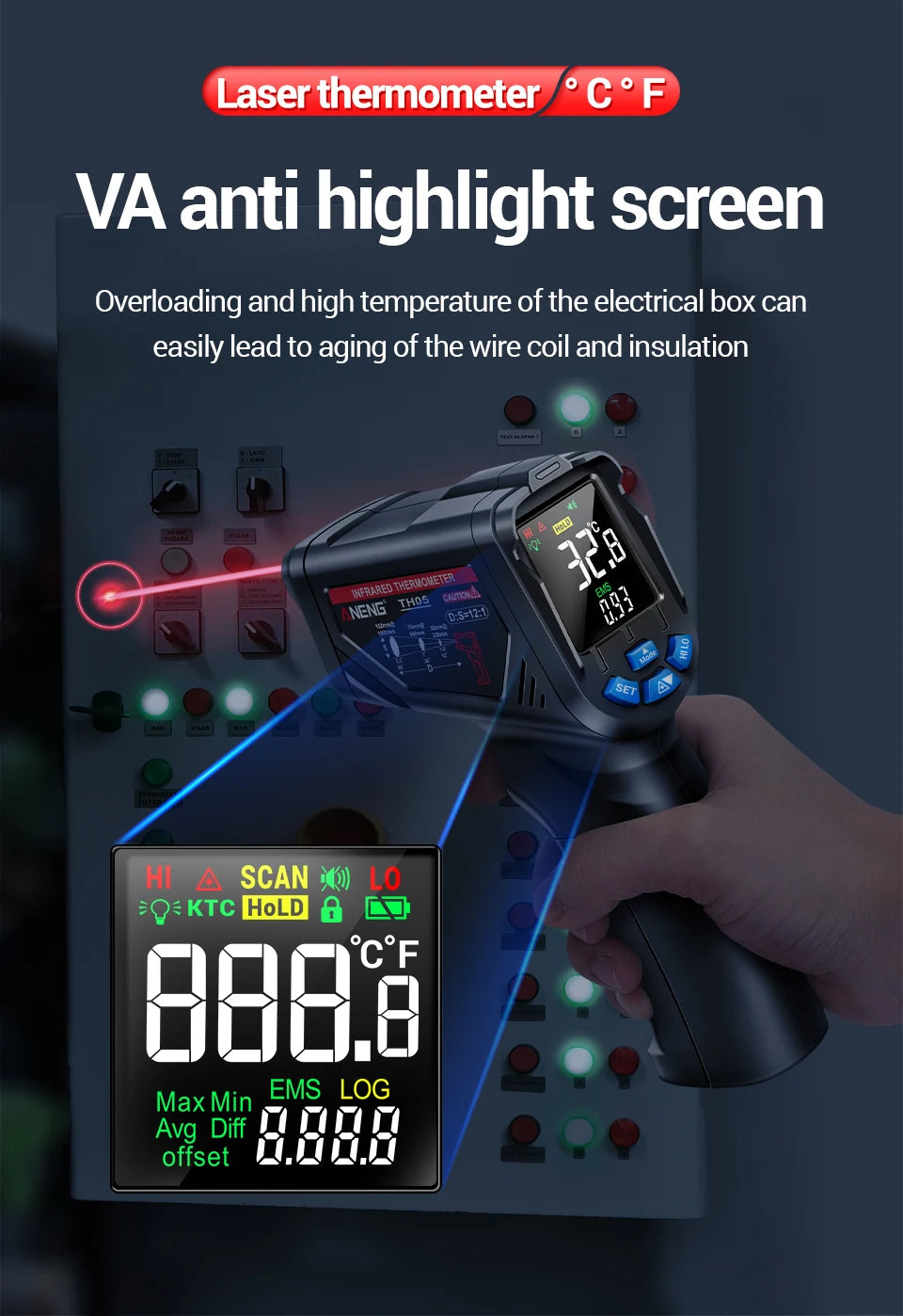 Termómetro Infrarrojo Digital Sin Contacto -20~650 ℃   ANENG TH05 IR láser Termometro pirómetro pistola láser medidor de temperatura herramientas