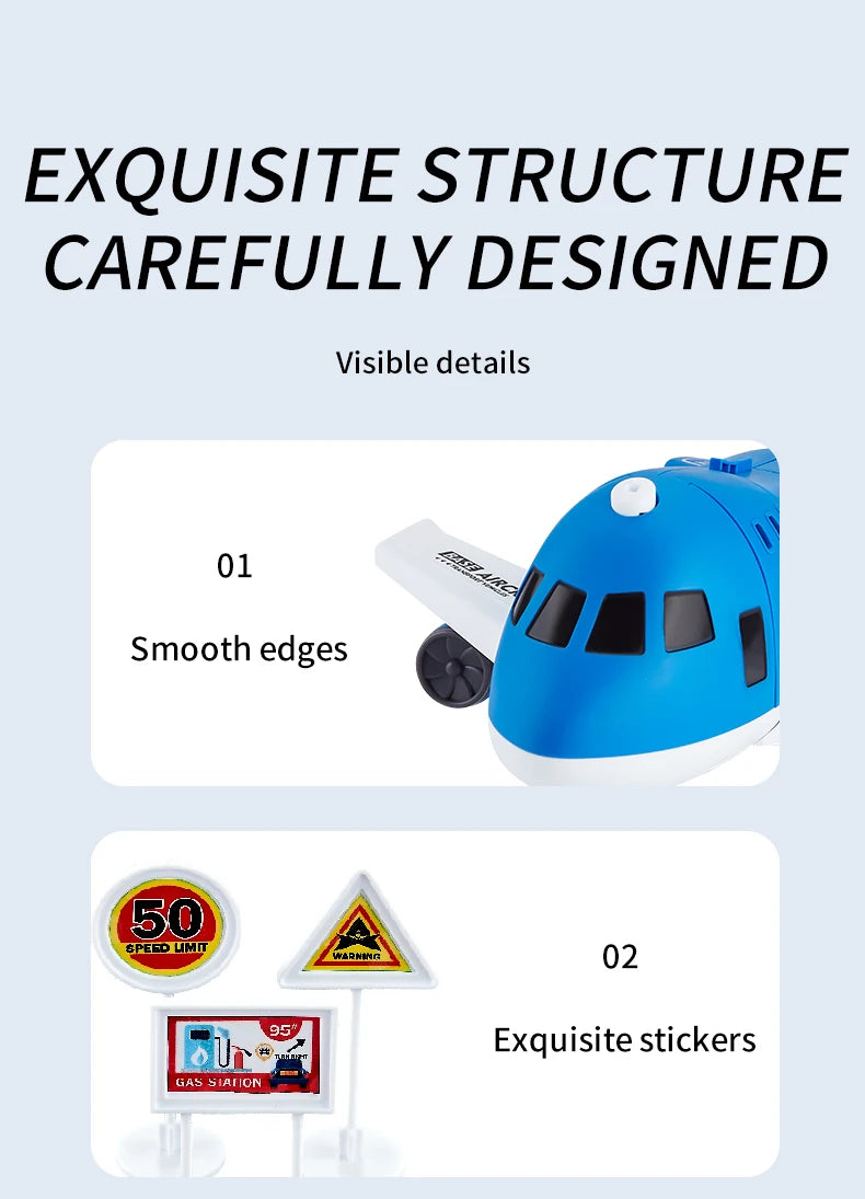 Modelo de avión para niños, juguetes, modelo inercial, aviones de simulación, juguetes multifuncionales, 3 coches aleatorios, 1 helicóptero, 6 señales de tráfico