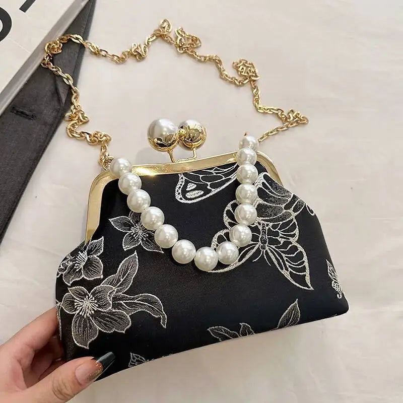 Bolso de mano bordado de estilo bohemio para mujer, bolsos de hombro con patrón floral, elegante bolso con correa de cadena y asa de metal, cartera de regalo
