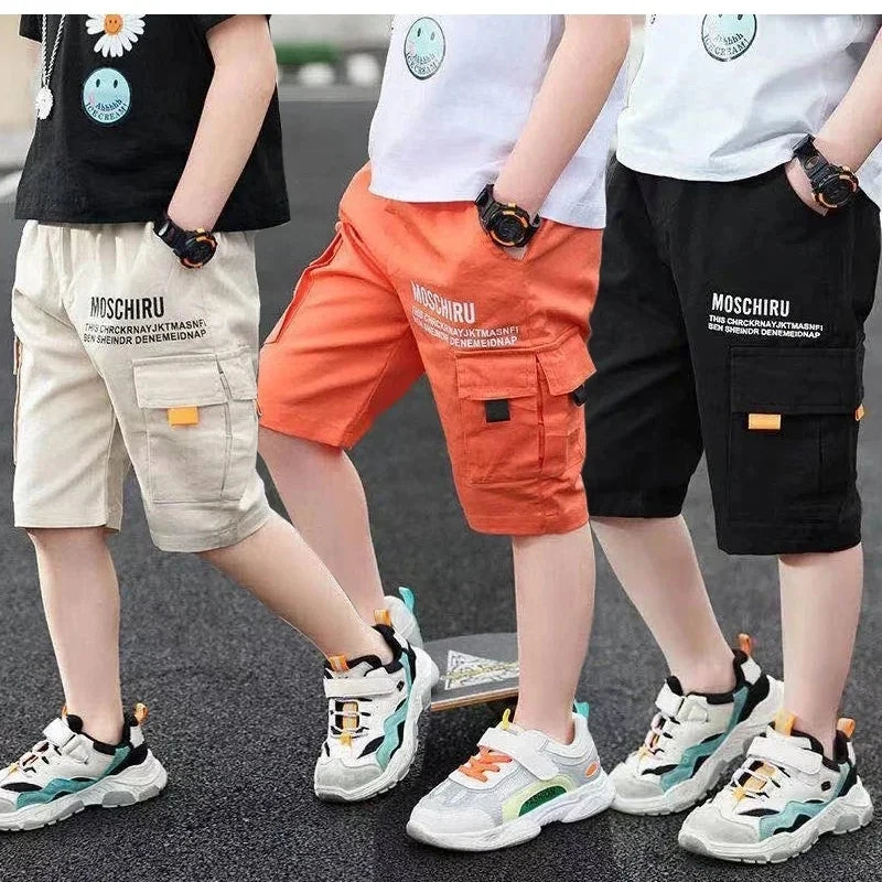 Nuevos pantalones de verano para niños adolescentes de 3 colores, pantalones cortos informales con letras para niños de 4 a 14 años, pantalones cómodos