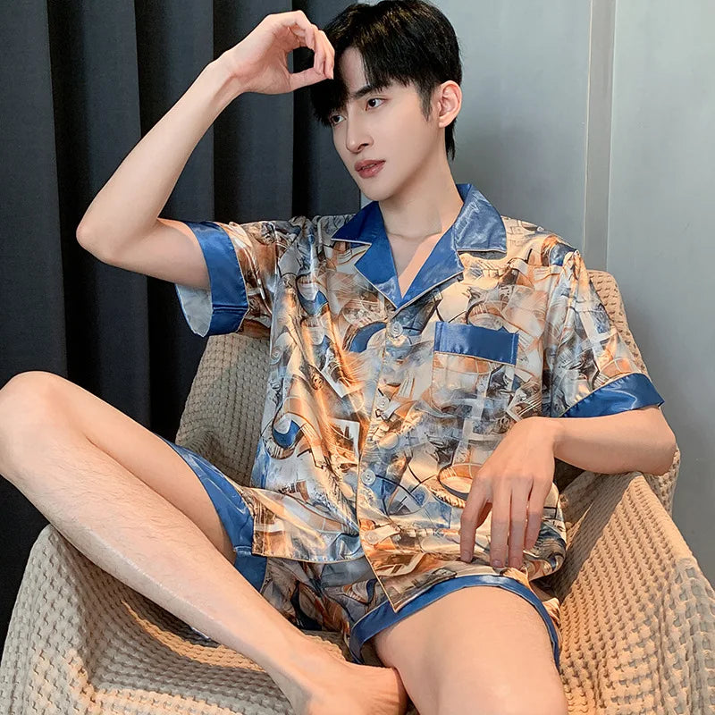 Pijamas para hombre, Primavera Verano, seda fina de hielo, lujoso, holgado, traje para el hogar, conjunto de pijamas de satén para hombre, conjunto de pijamas de noche para hombre