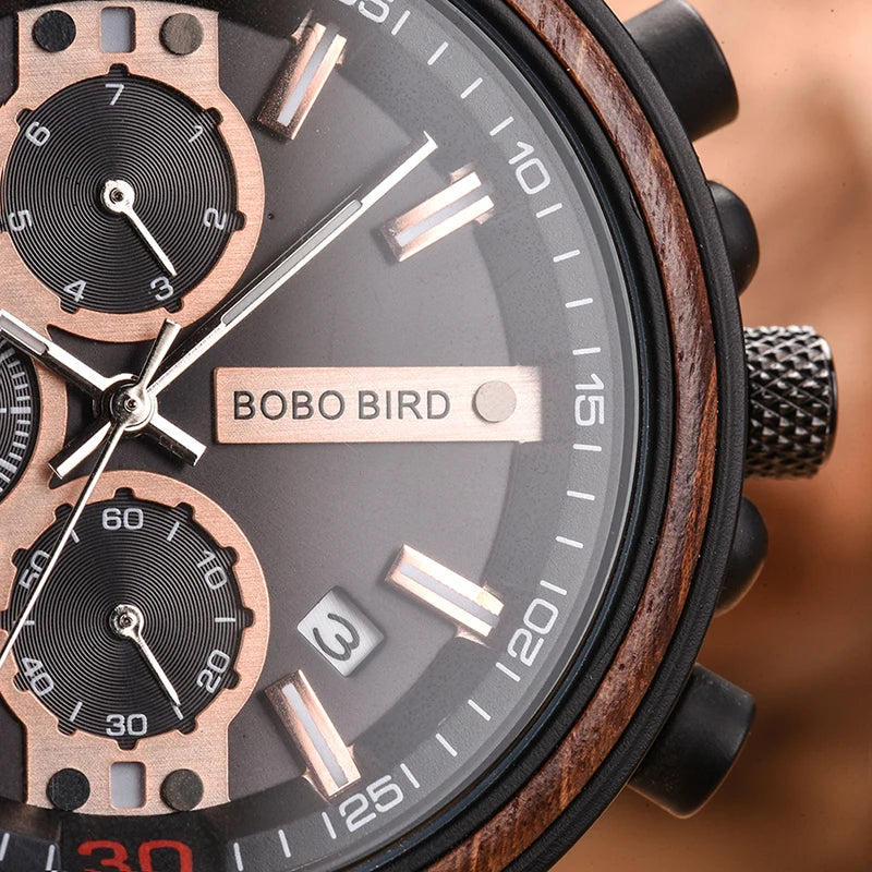 Reloj Masculino BOBO BIRD de madera para hombre, relojes militares con cronógrafo elegante de lujo de marca superior en caja de madera, reloj para hombre