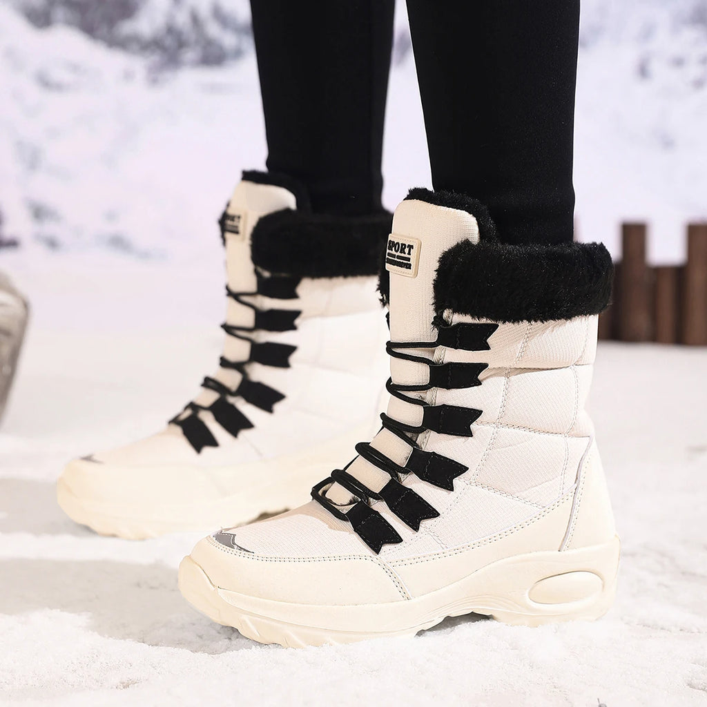Zapatos de invierno impermeables para mujer, cómodas botas de senderismo al tobillo para exteriores, botas altas con plataforma de piel, botas de nieve cálidas