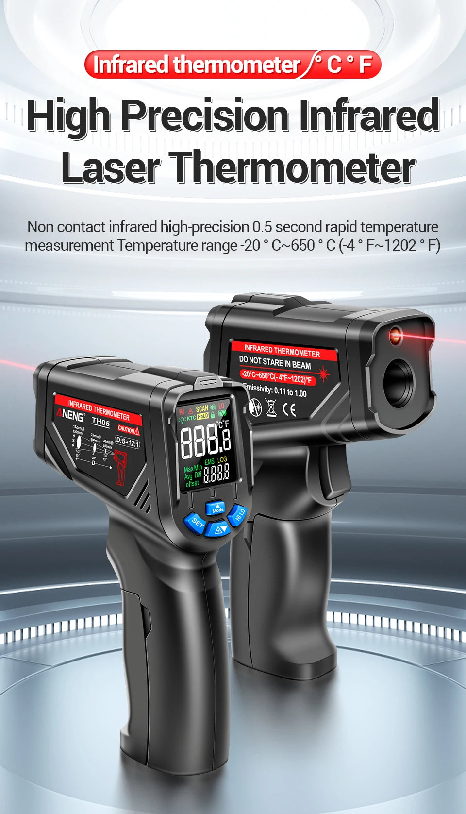Termómetro Infrarrojo Digital Sin Contacto -20~650 ℃   ANENG TH05 IR láser Termometro pirómetro pistola láser medidor de temperatura herramientas
