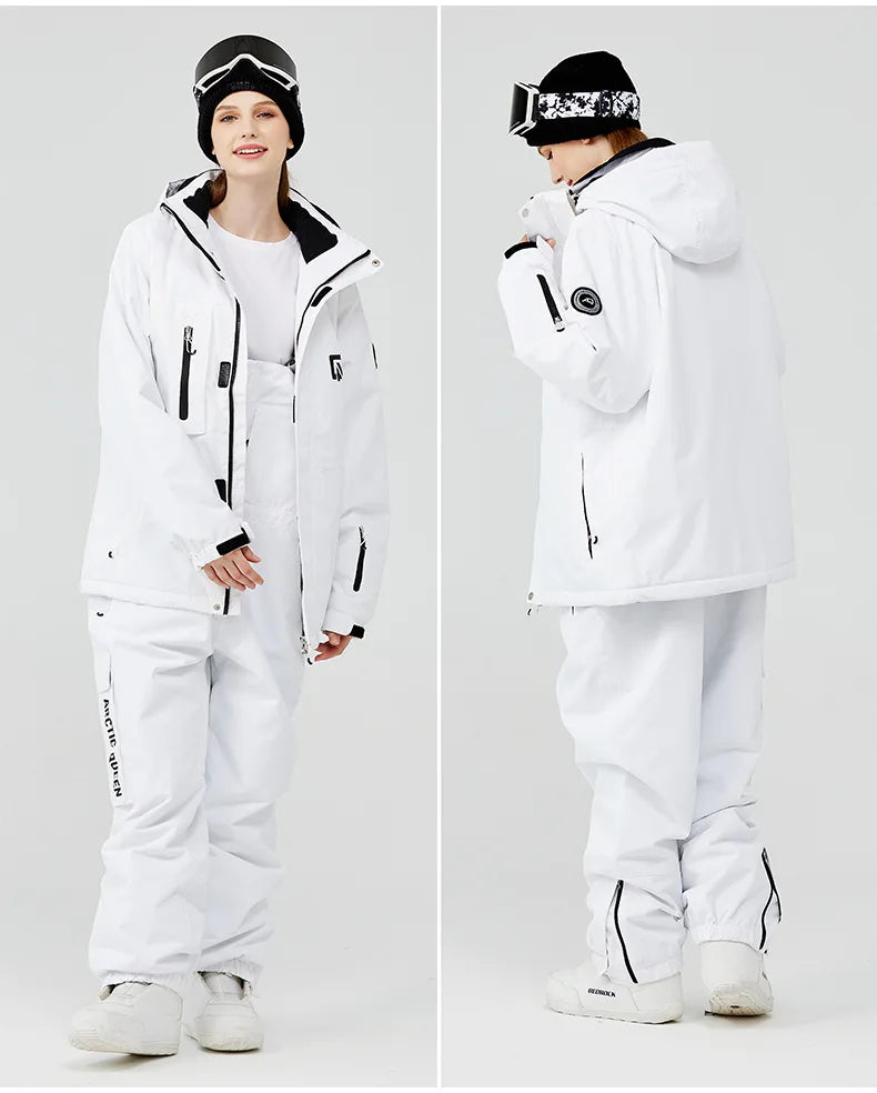 Traje de esquí para hombre y mujer, chaqueta de esquí impermeable a prueba de viento y pantalones con correa, traje cálido de invierno para pareja, novedad de 2023
