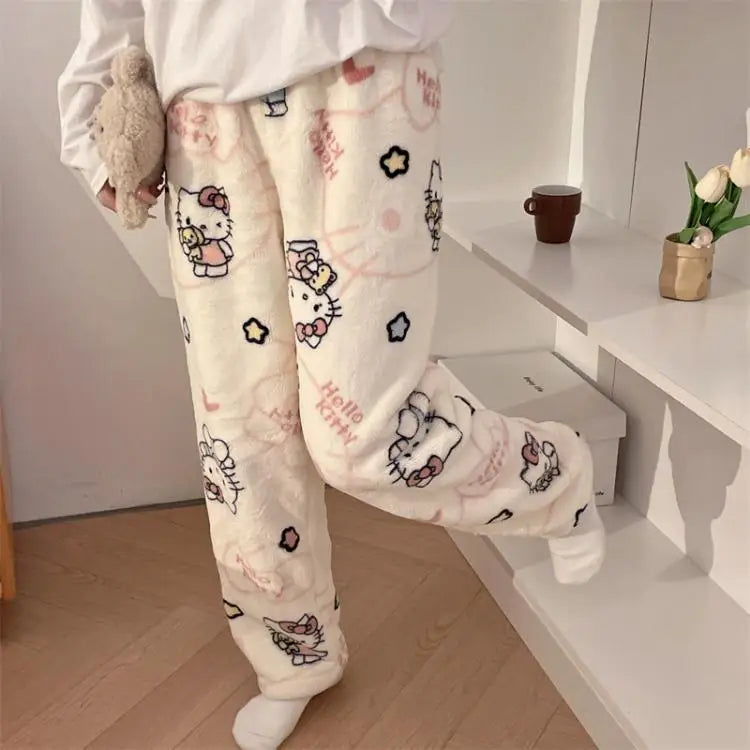 Pantalones de pijamas de franela de invierno para mujer, pantalones de felpa de Hello Kitty Sanrio Kawaii, pantalones cálidos de terciopelo Coral grueso para dormir, pantalones de casa