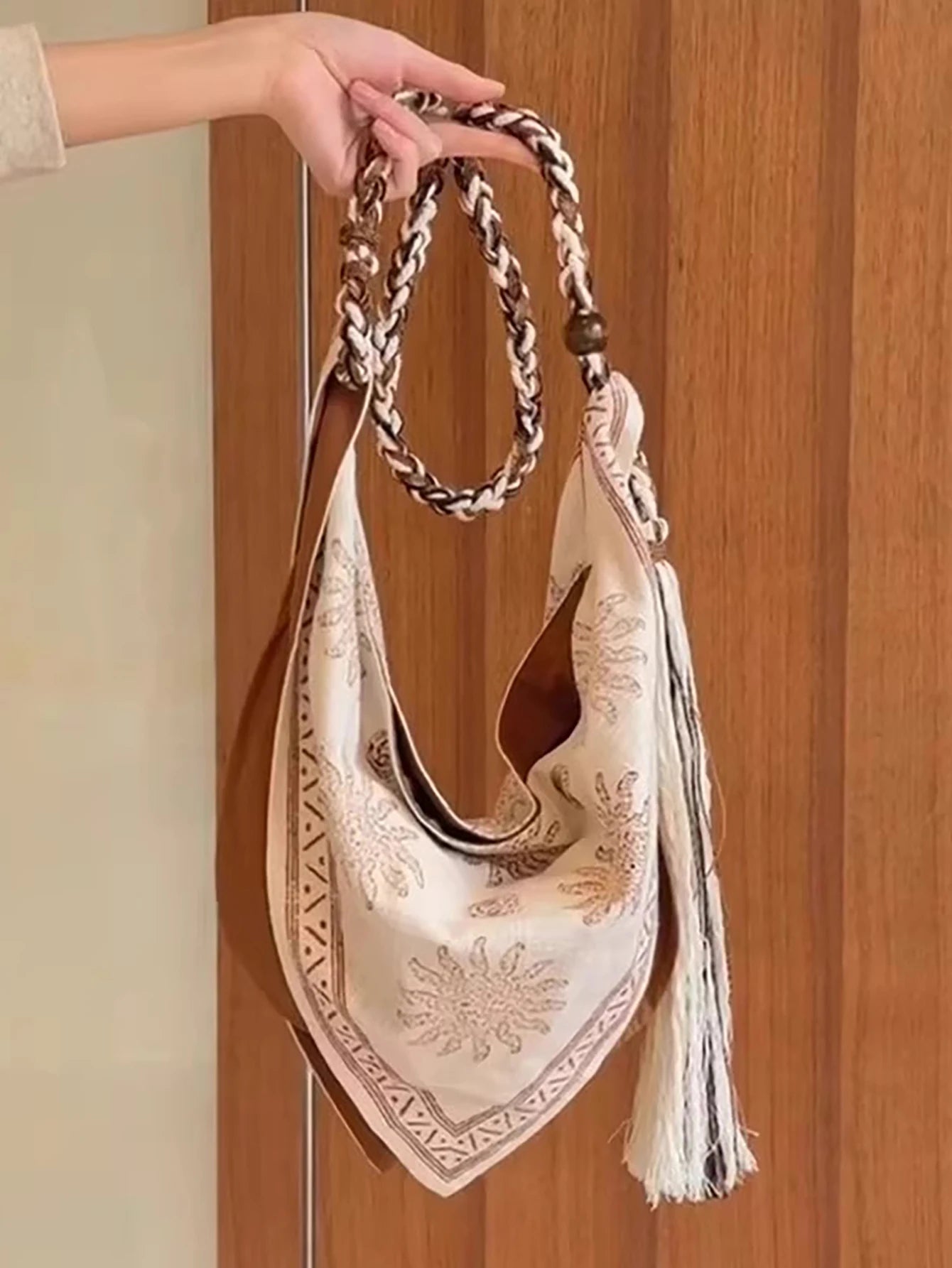 Bolso de hombro estilo bohemio chic Su con cuerda de lino para un estilo vacacional, gran capacidad, diseño exclusivo, sensación de alta gama, bolso cruzado.