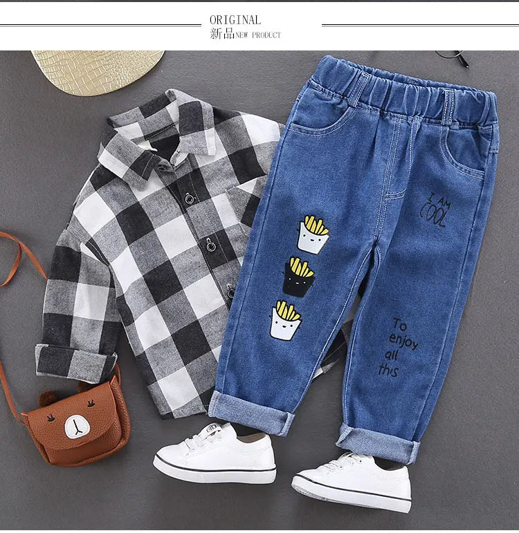Primavera otoño niños Jeans niños algodón estampado empalme pantalones vaqueros elásticos pantalones coreanos para adolescentes ropa para niños DenimRipped