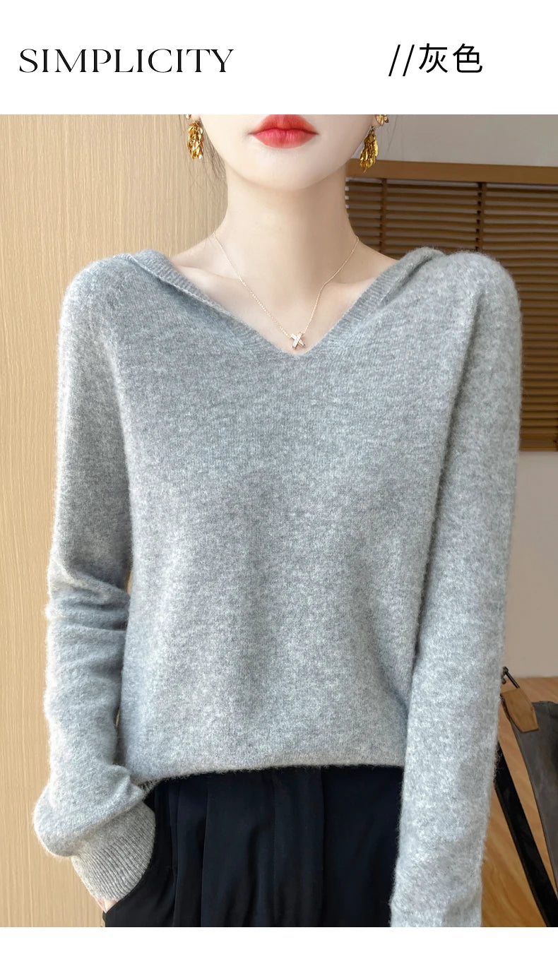Ropa de Otoño Invierno para mujer, jersey con cuello con capucha, suéter de lana merina de 100%, Tops de Cachemira a la moda, prendas de punto suaves
