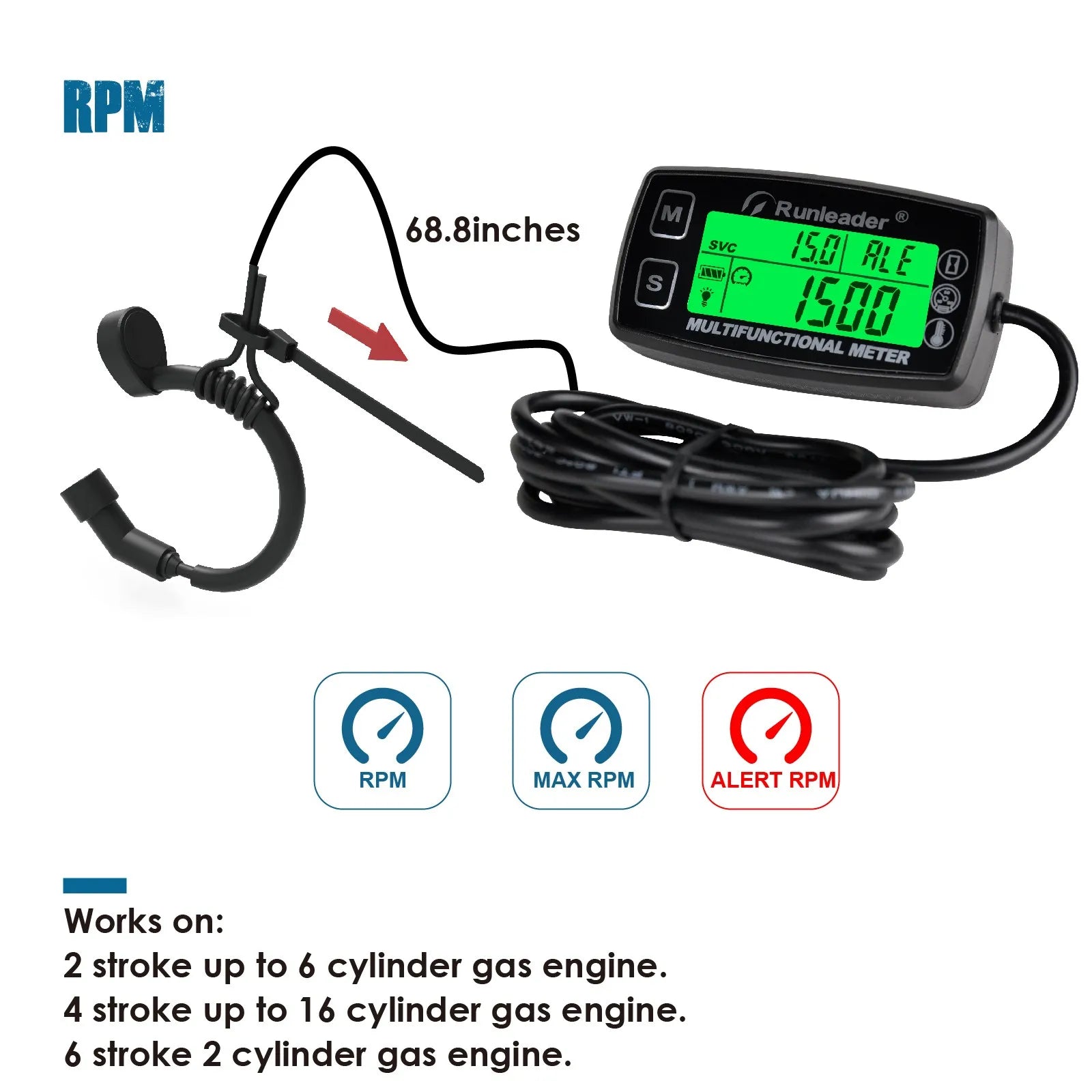 Medidor de temperatura Digital RPM para motor de Gas, moto, Jet Ski, Buggy, SnowblowTractor, Pit Bike, Paramotor