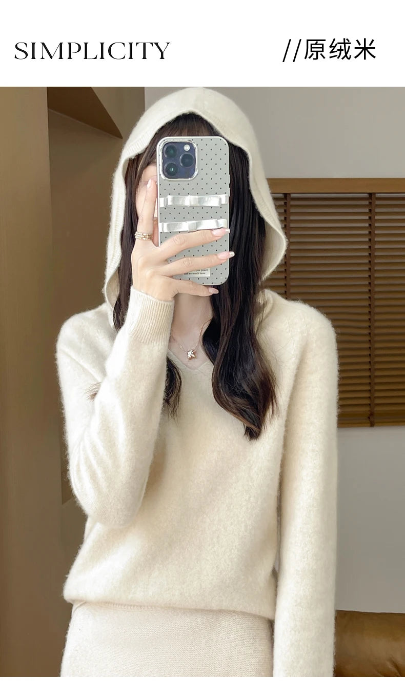 Ropa de Otoño Invierno para mujer, jersey con cuello con capucha, suéter de lana merina de 100%, Tops de Cachemira a la moda, prendas de punto suaves