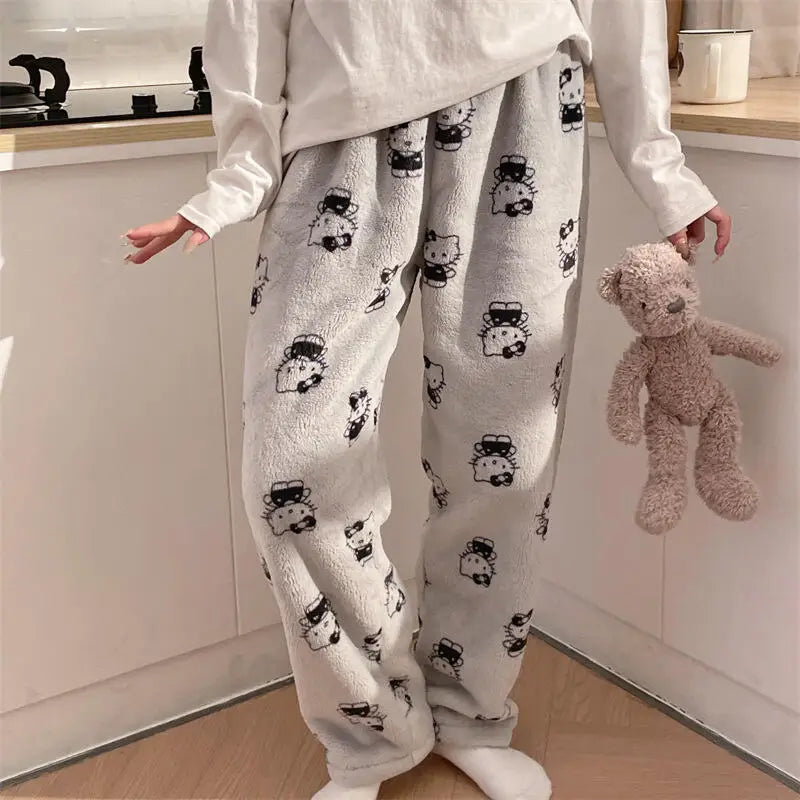 Pantalones de pijamas de franela de invierno para mujer, pantalones de felpa de Hello Kitty Sanrio Kawaii, pantalones cálidos de terciopelo Coral grueso para dormir, pantalones de casa