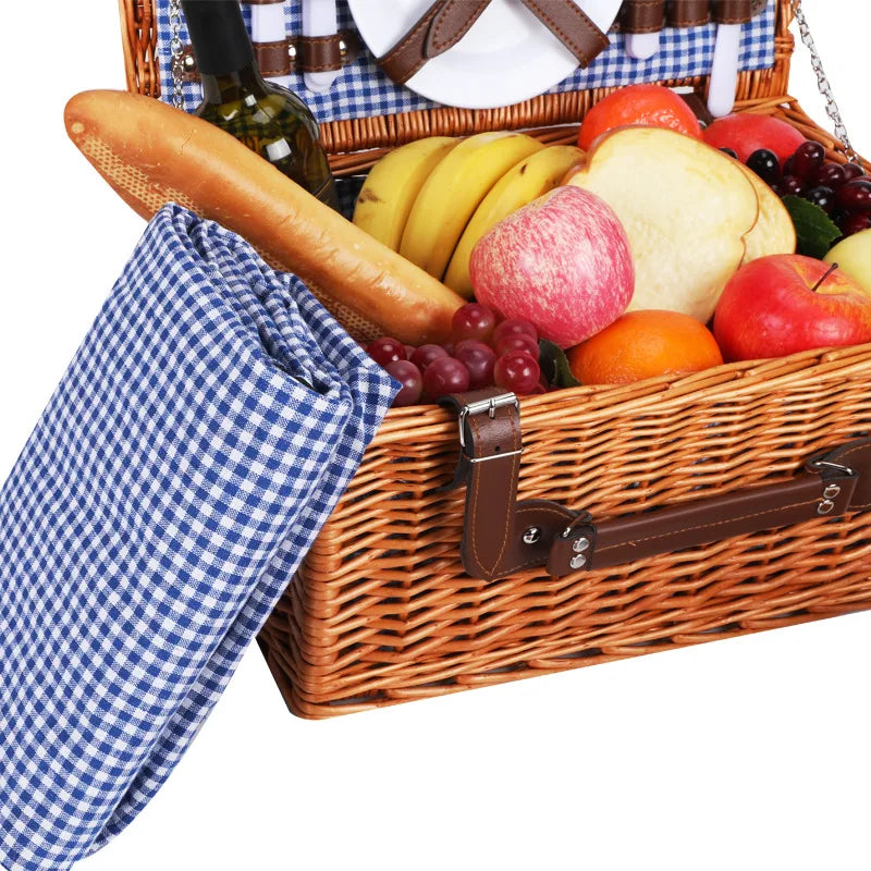 Vajilla portátil de ratán a mano para exteriores, cesta de Picnic, cesta de regalo, cesta de almacenamiento tejida de mimbre con tapa, Picnics de estilos Vintage