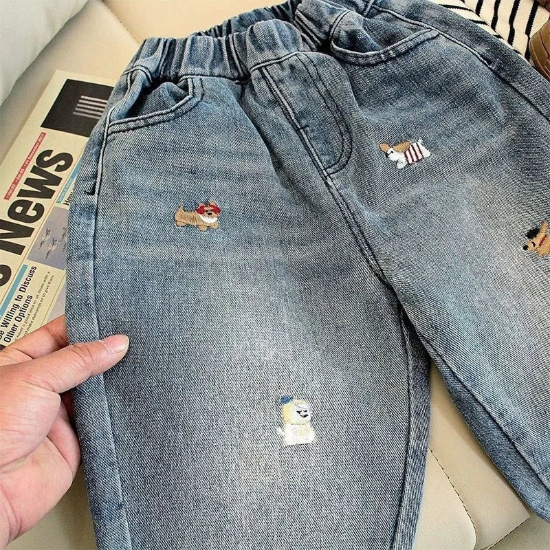 Pantalones vaqueros de primavera para niños y niñas, pantalones vaqueros bordados con dibujos de cachorros de 2 a 7 años, pantalones holgados con farol, pantalones vaqueros elegantes para niños