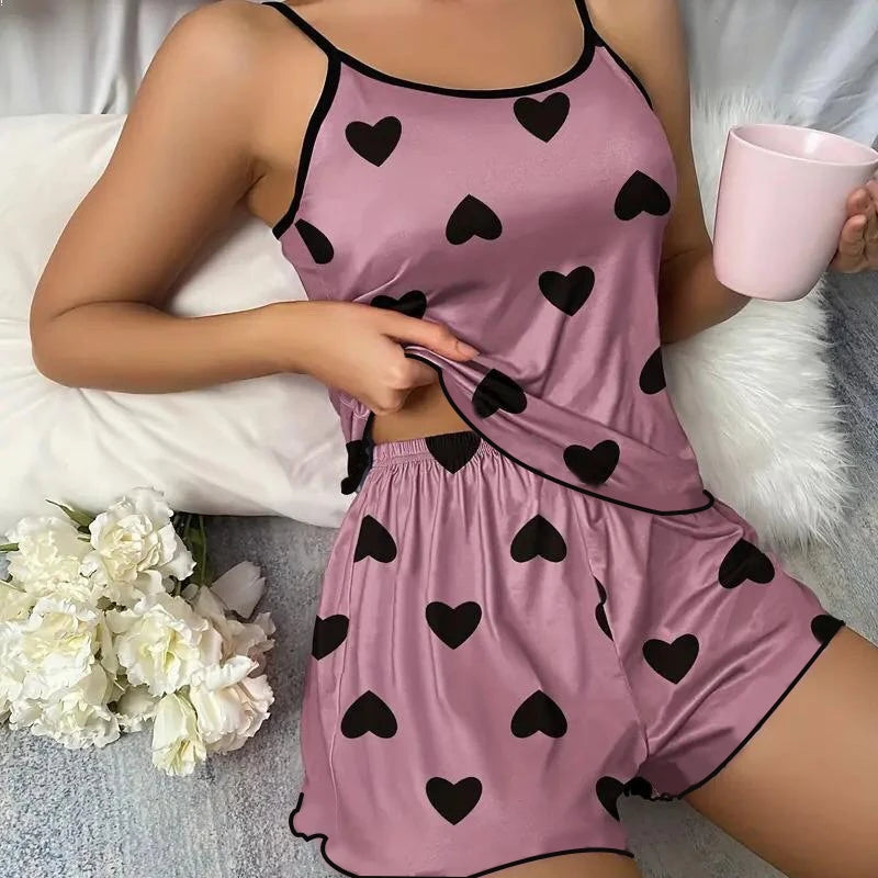 Conjunto de pijama para mujer, camisetas, pantalones cortos, camiseta rosa con estampado en forma de corazón y cuello redondo, Top de seda helada, cómodo e informal de verano ﻿
