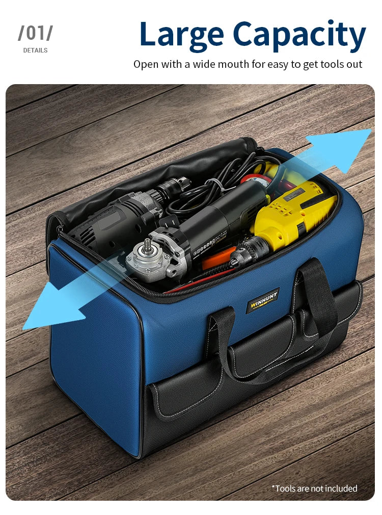 Bolsa de herramientas de boca ancha resistente con bolsillos, organizador para almacenamiento y transporte de herramientas para hombres