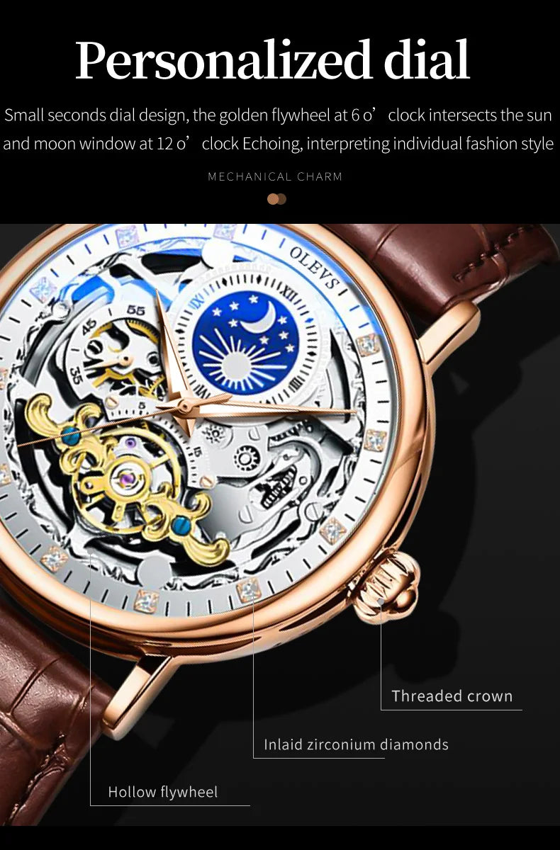 OLEVS Relojes de esqueleto, reloj mecánico automático para Hombre, reloj deportivo Tourbillon, reloj de pulsera informal de negocios con forma de Luna, Relojes para Hombre