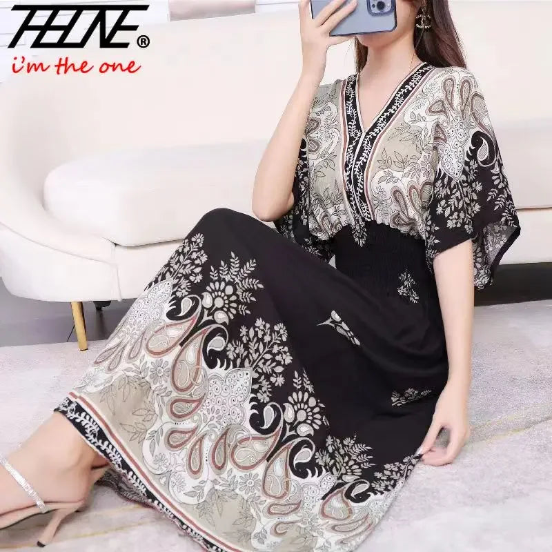 Vestido largo de cuerda Para Mujer, traje bohemio con cuello en V, estilo Retro, informal, estampado coreano, Verano