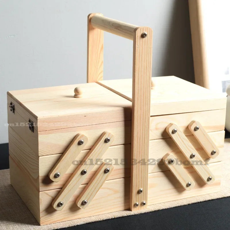 Caja de almacenamiento de costura de madera maciza, organizador multicapa, almacenamiento plegable portátil, solución de clasificación doméstica, diseño conveniente