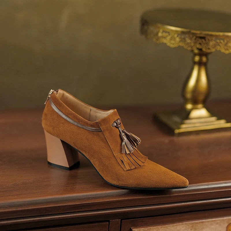 2025 primavera zapatos de mujer puntiagudos tacón grueso zapatos de tacón alto de gamuza de oveja zapatos con hebilla de cinturón para mujer zapatos de mujer