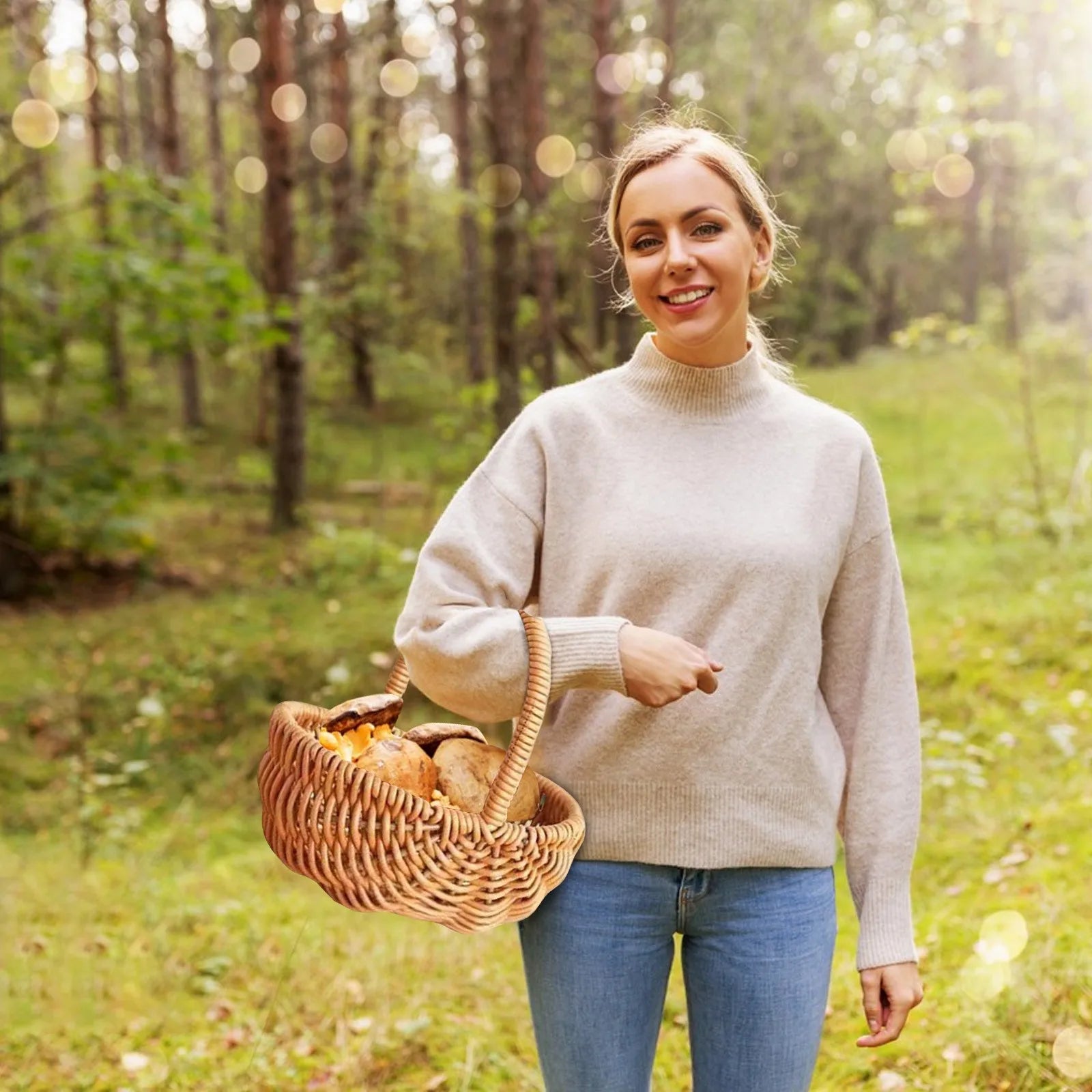 Cesta tejida de imitación de ratán con asa, decoración del hogar, cestas de almacenamiento trenzadas, frutas y verduras, flores