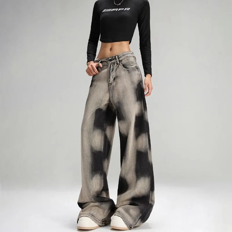 2025 Ropa Y2K moda Tie Dye Vintage gris holgado nuevos pantalones vaqueros para mujer Ropa coreana Casual señora Pantalones Pantalon Femme