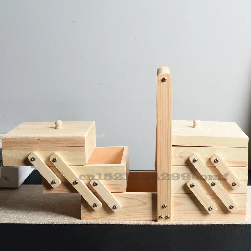 Caja de almacenamiento de costura de madera maciza, organizador multicapa, almacenamiento plegable portátil, solución de clasificación doméstica, diseño conveniente