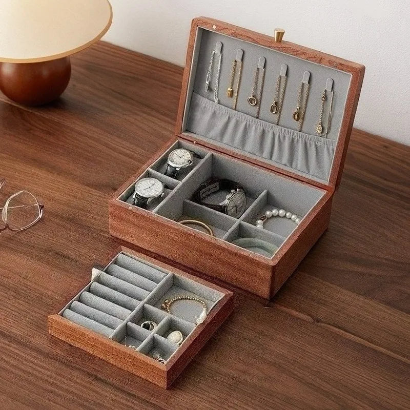 Caja de joyería de madera maciza, caja de joyería de gran capacidad, exquisitas cajas de joyería, collar, pendientes, anillos, pulsera, cajas de joyería
