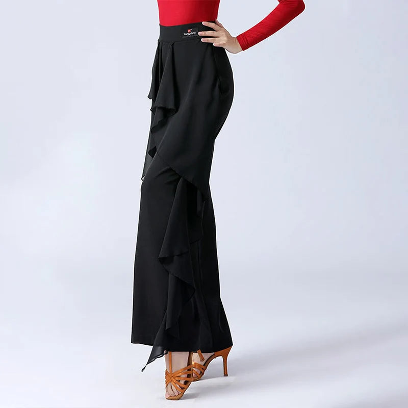 Pantalones de baile latino para mujer, pantalones anchos con volantes de cintura alta para baile moderno, pantalones de salón Tango Samba, traje de práctica de actuación
