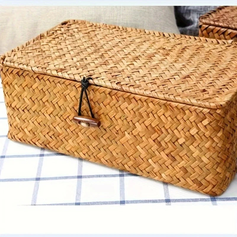 Cesta de almacenamiento Vintage tejida, decoración Pastoral bohemia para el hogar, caja de almacenamiento cubierta, caja de almacenamiento de escritorio, cesta Pastoral