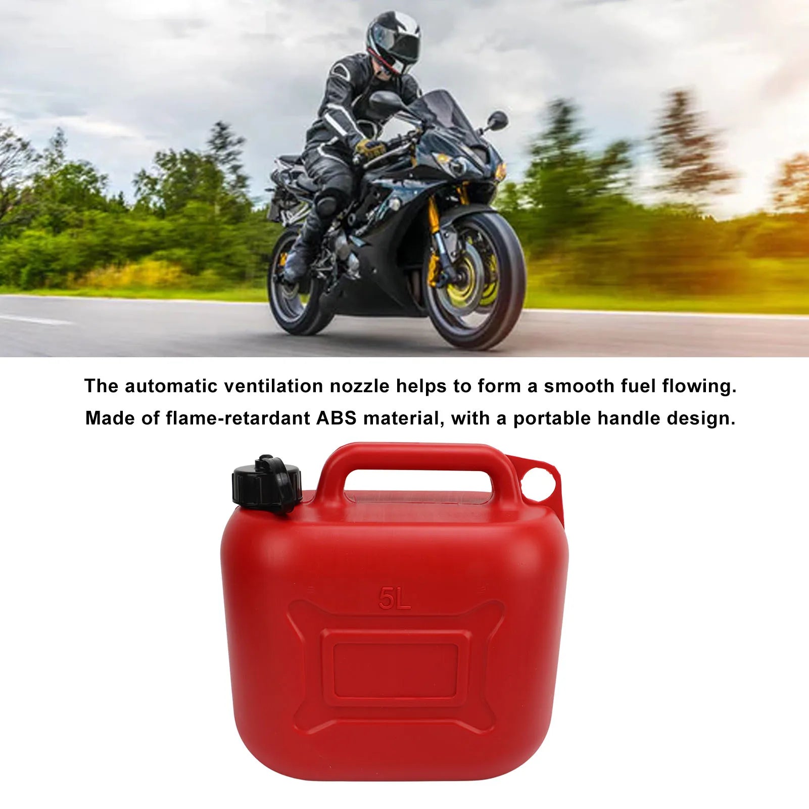 Contenedor de gasolina portátil rojo sin fugas, lata de Gas combustible, 5L, 1,3 galones, ABS, tubo de salida de 27cm para motocicletas y automóviles