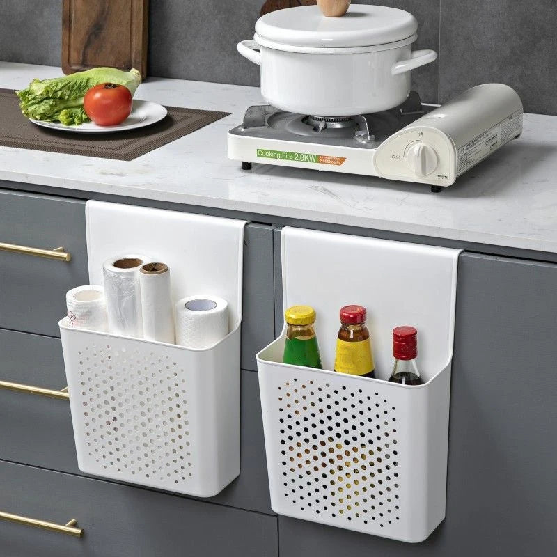 Caja de almacenamiento no perforada montada en la pared con puerta de gabinete, utilizada para cestas de almacenamiento de jengibre y ajo de cocina, almacenamiento de lavado de baño