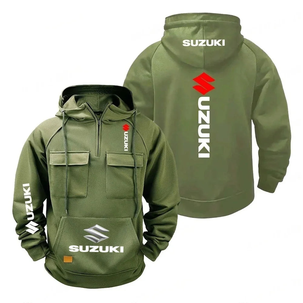 Chaqueta holgada con capucha retro Suzuki para hombre y mujer, sudadera con capucha de felpa con múltiples bolsillos, camisa informal de moda para exteriores