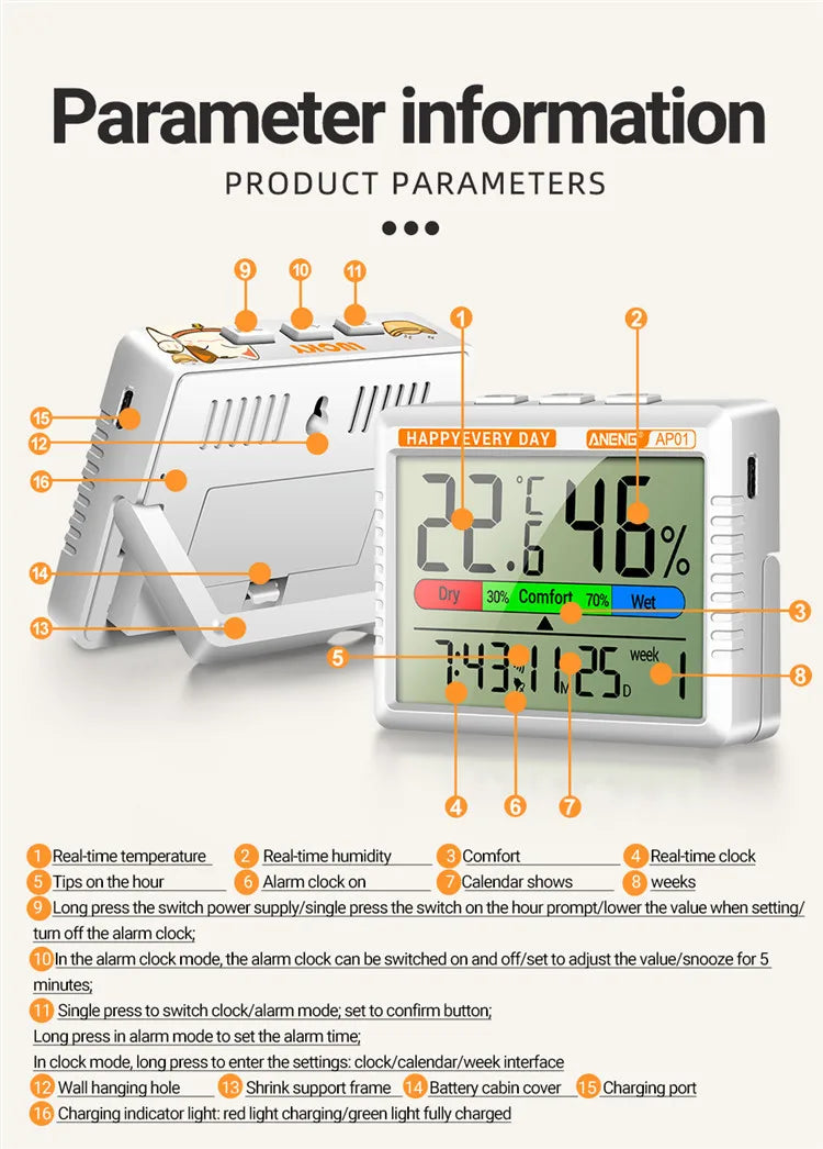 Termómetro de aire inteligente, higrómetro, reloj multifunción, pantalla Digital, Sensor de estación meteorológica para el hogar, interior y exterior