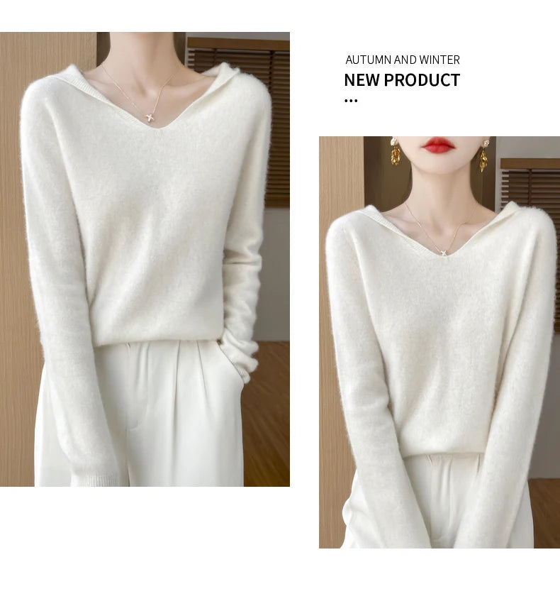 Ropa de Otoño Invierno para mujer, jersey con cuello con capucha, suéter de lana merina de 100%, Tops de Cachemira a la moda, prendas de punto suaves