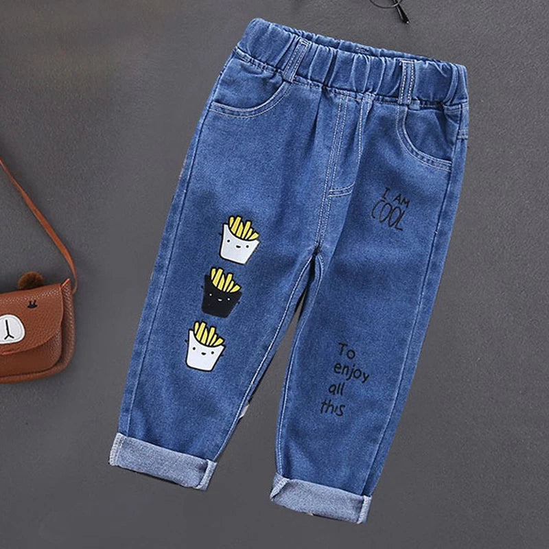 Primavera otoño niños Jeans niños algodón estampado empalme pantalones vaqueros elásticos pantalones coreanos para adolescentes ropa para niños DenimRipped