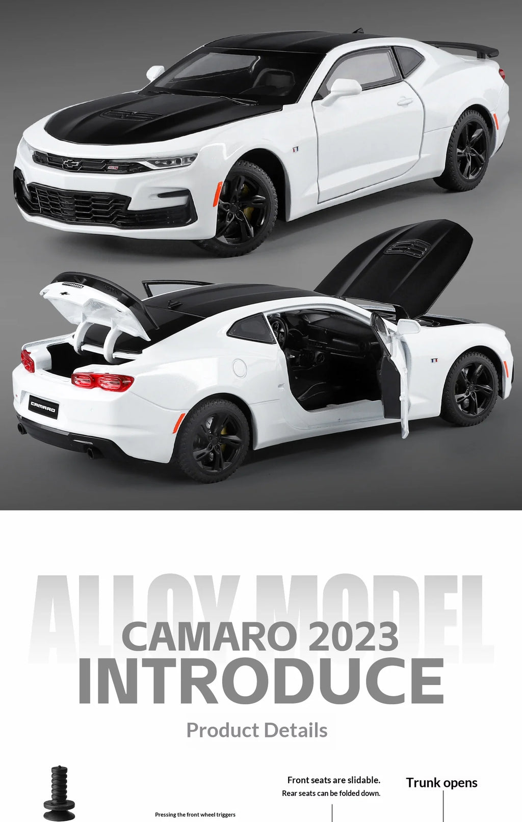 Modelo de coche de aleación Camaro - Puertas abiertas - Absorción de impactos de neumáticos de goma - Cuerpo de metal fundido a presión - Decoraciones para automóviles