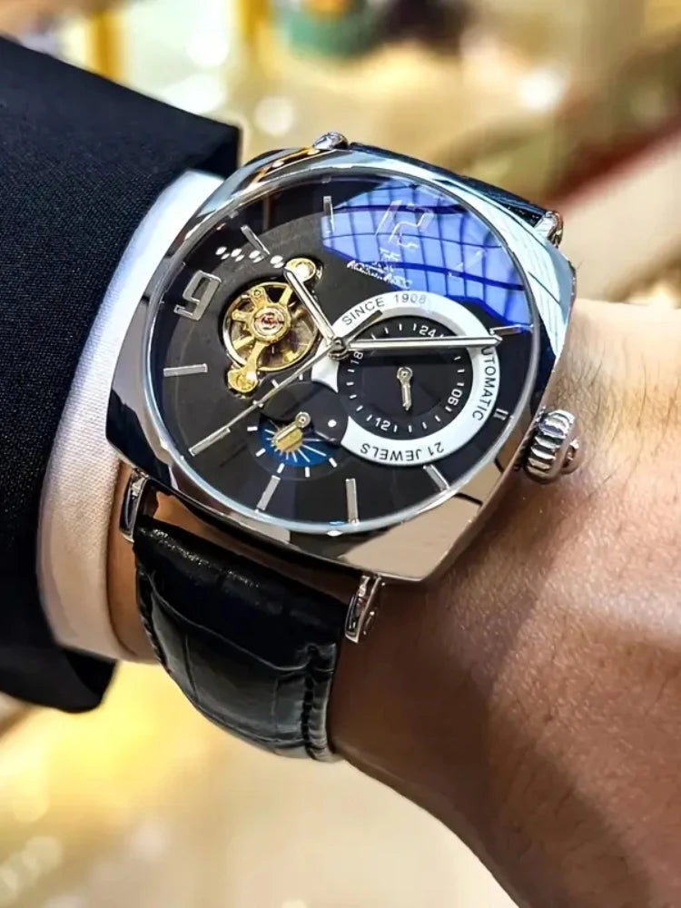 [Reloj mecánico para hombre] Reloj mecánico retro para hombre |   Elegante, esfera esquelética, diseño hueco, caja de aleación, correa de piel sintética |   Ropa informal y de negocios, no requiere baterías