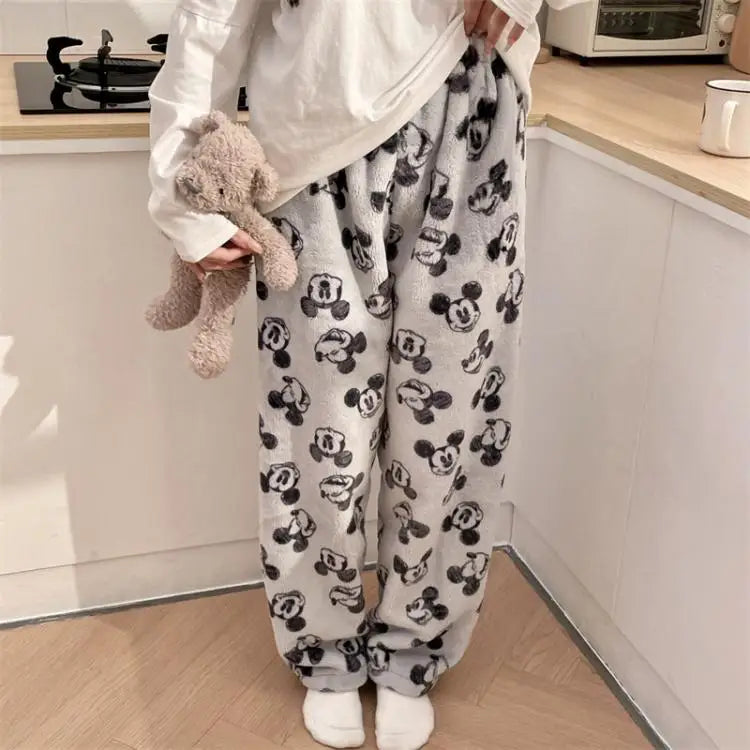 Pantalones de pijamas de franela de invierno para mujer, pantalones de felpa de Hello Kitty Sanrio Kawaii, pantalones cálidos de terciopelo Coral grueso para dormir, pantalones de casa