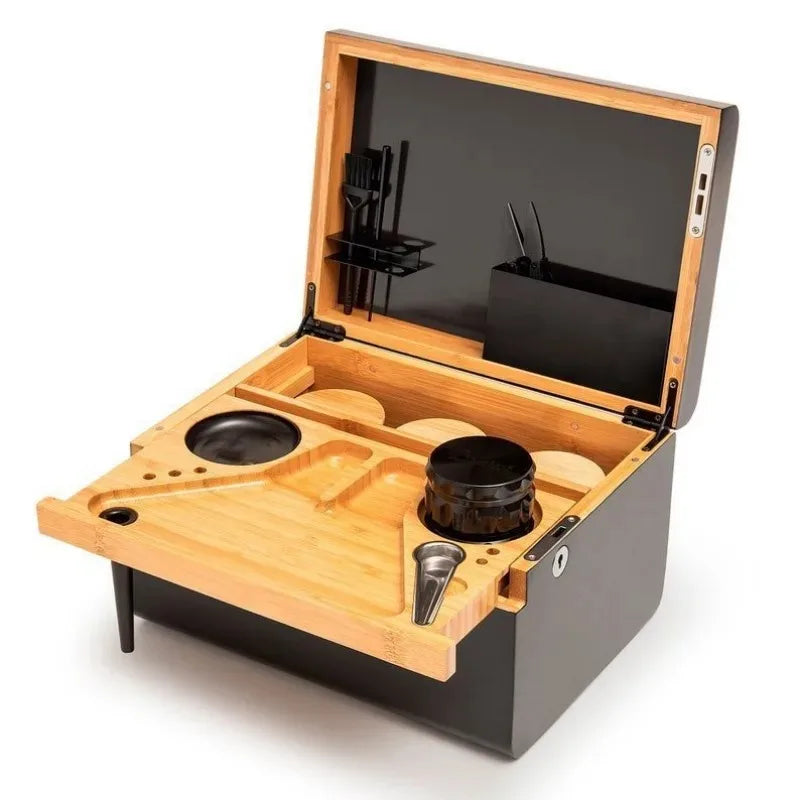 Cofre de almacenamiento de bambú Premium, bandeja rodante móvil, caja de madera, organizador triturador, accesorios para fumar, herramientas, decoraciones de mesa