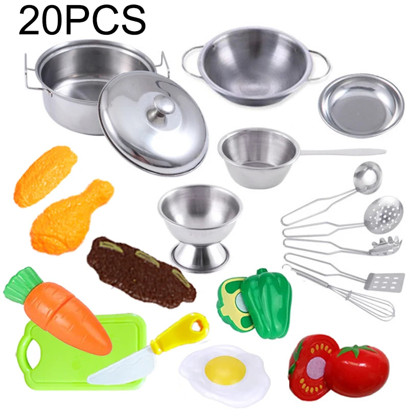 Accesorios para juego de imitación de cocina, juguetes con utensilios de cocina de acero inoxidable, juego de ollas y sartenes, utensilios de cocina, herramienta de aprendizaje para regalos