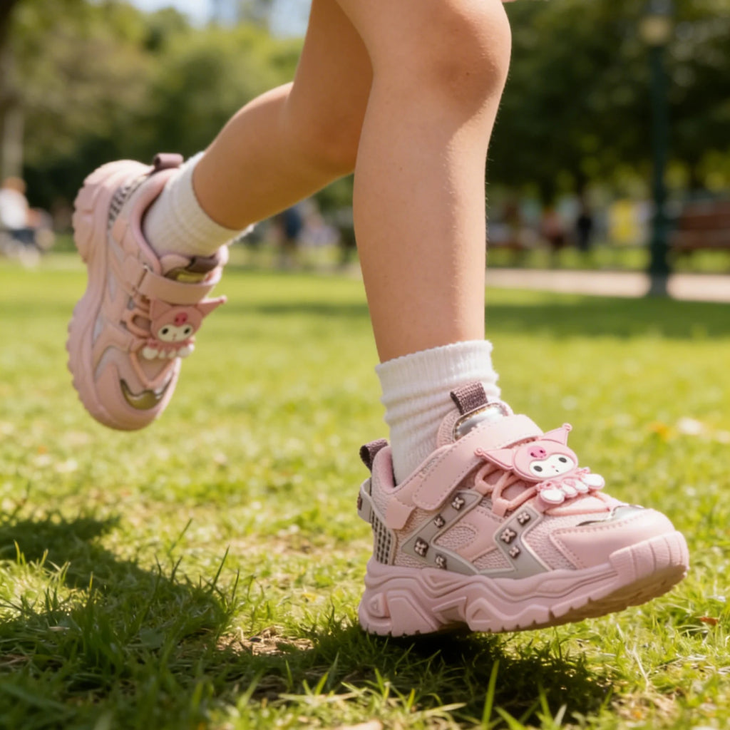 Zapatos informales para niños, zapatillas de deporte con dibujos animados Kuromi, zapatos de primavera de cuero PU para niñas, zapatos antideslizantes con Velcro rosa Pruple, talla 26-37