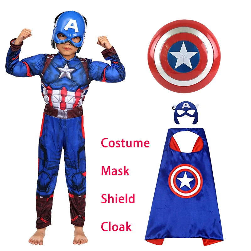 Disfraz de Capitán América para niños, mono de superhéroe, disfraz de Capitán América, mono, capa protectora, disfraz de Halloween para niños