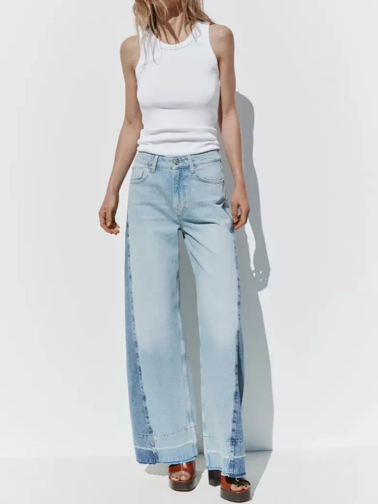 2025 Ropa Y2K moda contraste Patchwork Vintage azul pantalones vaqueros holgados para mujer Ropa recta señora elegante pantalones vaqueros
